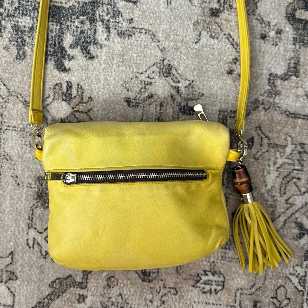 Sunny Yellow Leather Crossbody with Horsebit like and Bamboo Tassel Accent - Picture 6 of 10